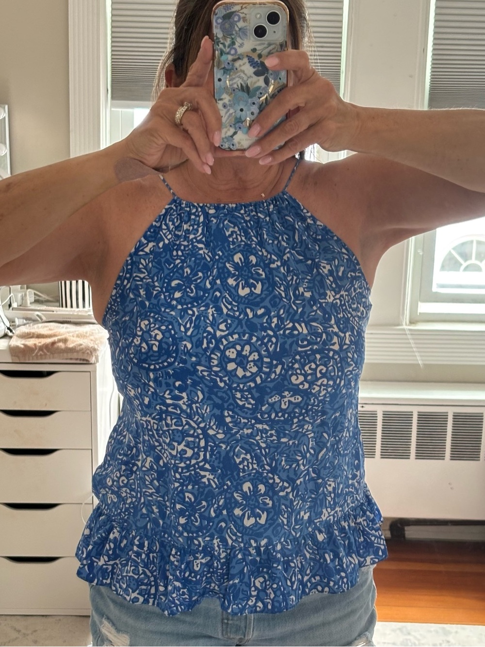 Timeless Lilly Pulitzer silk high neck top with ruffle peplum at the bottom
